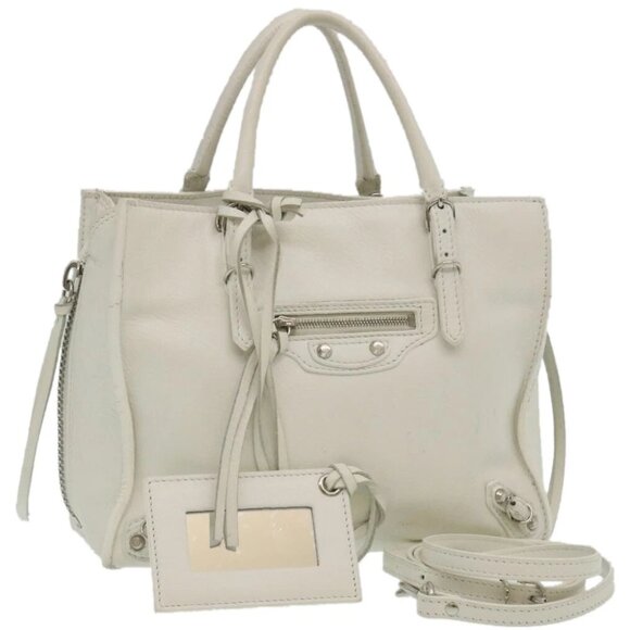 BALENCIAGA 2Way Shoulder Bag Hand Bag Leather White Auth am2305gM - Picture 1 of 14
